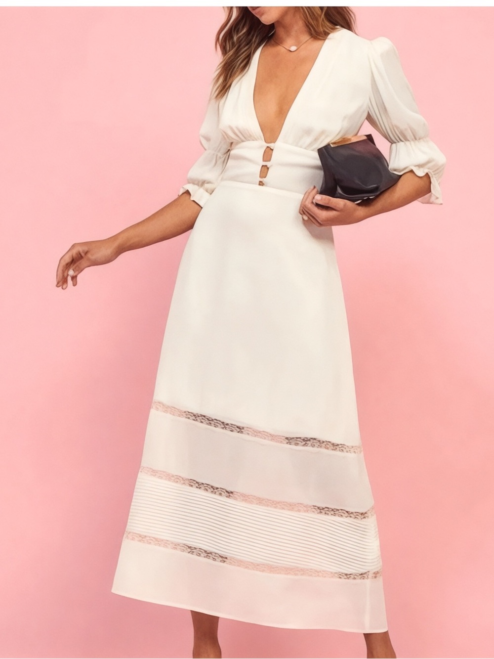 Reformation Ginny Dress Ivory Size 0 Plunge Midi Lace Trim Puff Sleeve